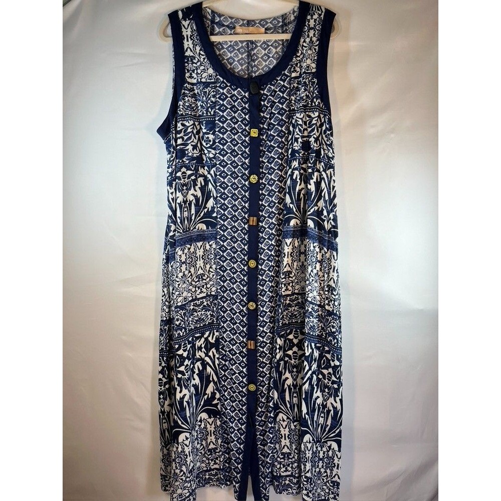 LA CERA WOMENS 2X SLEEVELESS BUTTON UP MAXI DRESS BLUE FLORAL PRINT